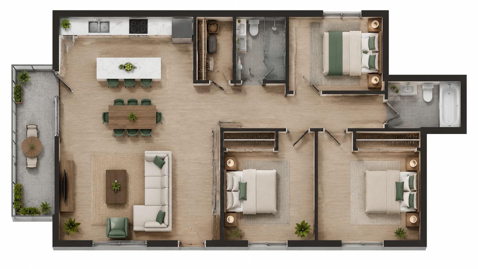 2.5D floor plan generated from the homepage apartment brief