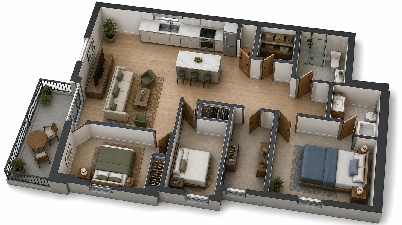 3D isometric floor plan generated from the homepage apartment brief