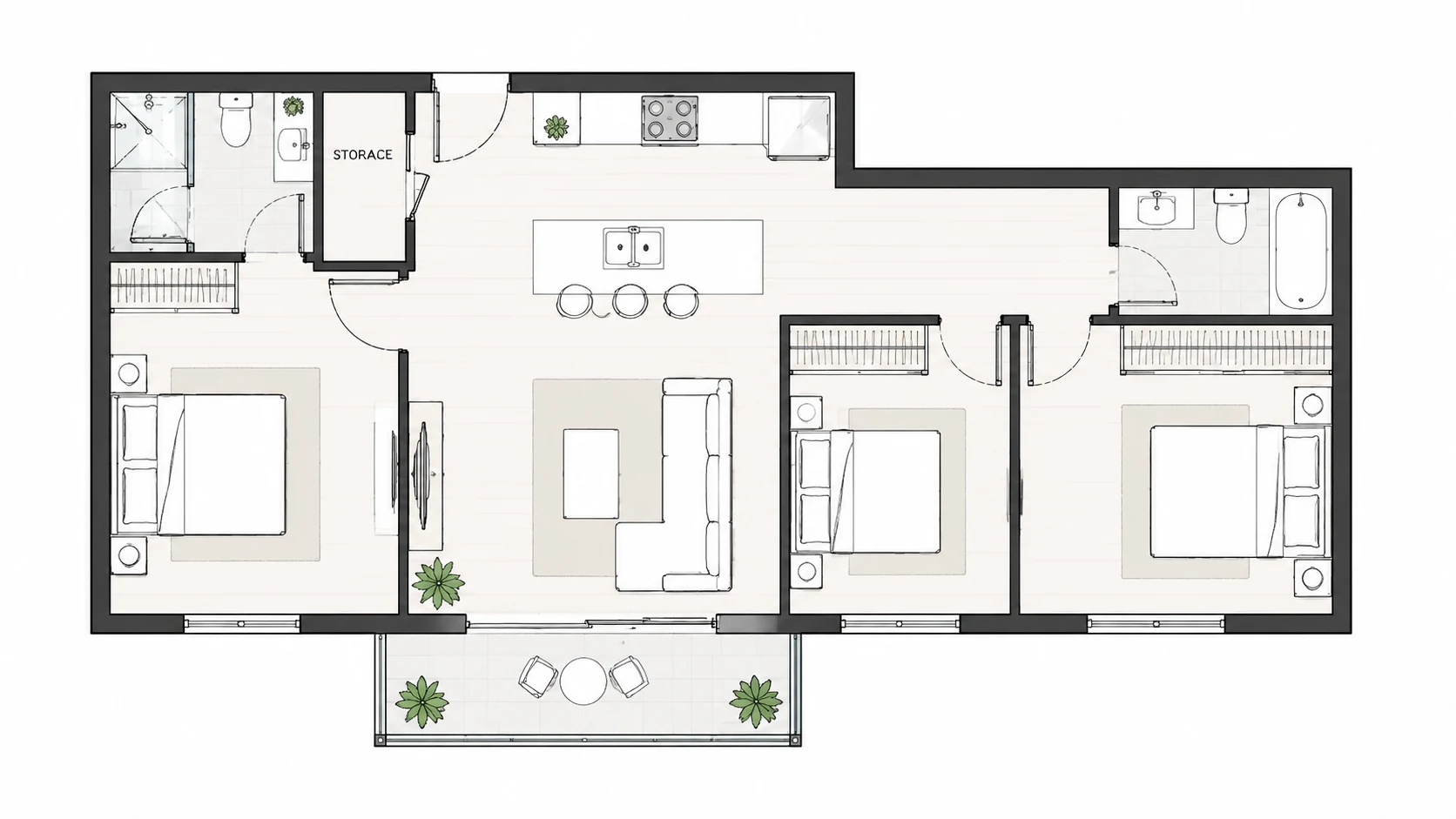Technical 2D floor plan generated from the homepage apartment brief