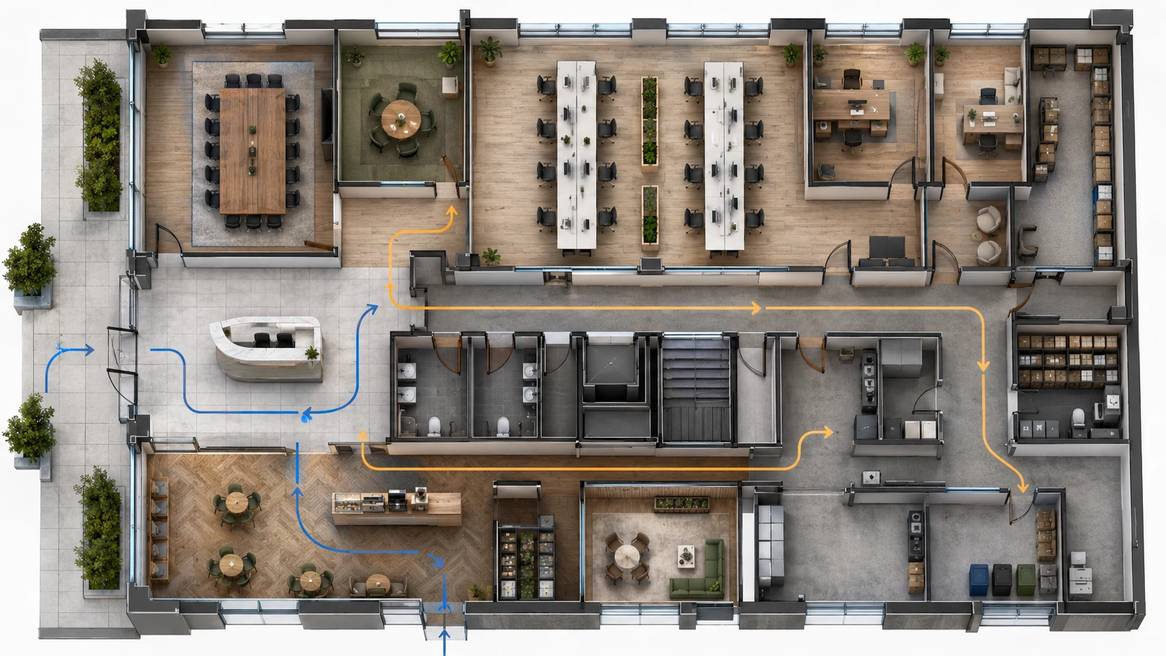 Business floor plan concept with commercial zones and circulation