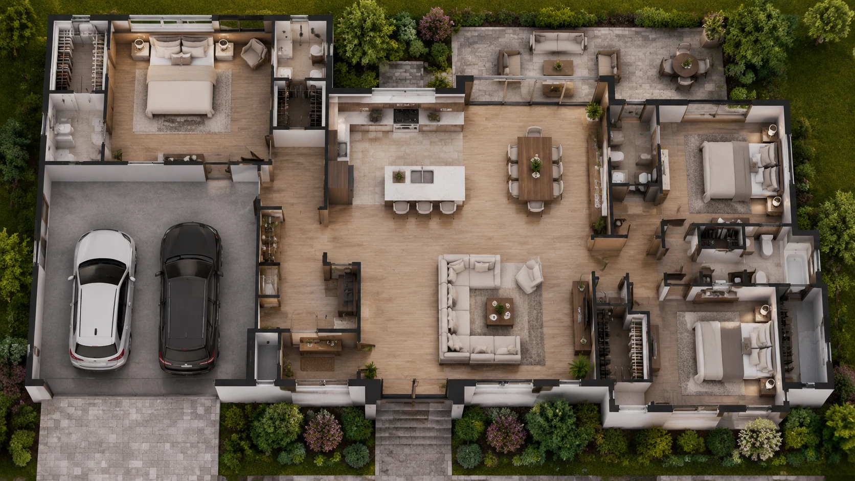 Residential house floor plan concept with bedrooms and shared living areas