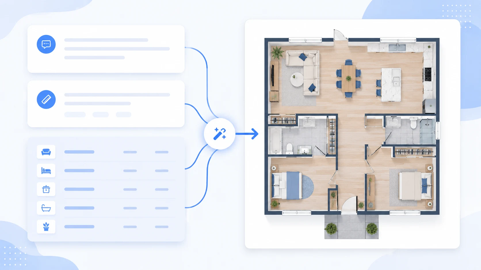 Written floor plan prompt transforming into a clean layout