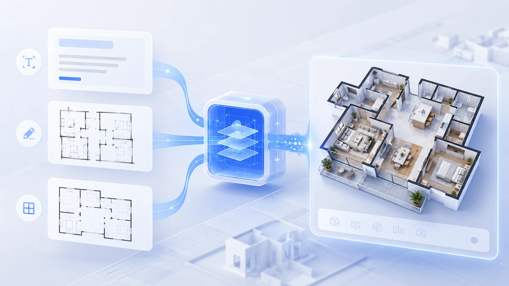 AI floor plan workflow from text, image, and edit inputs