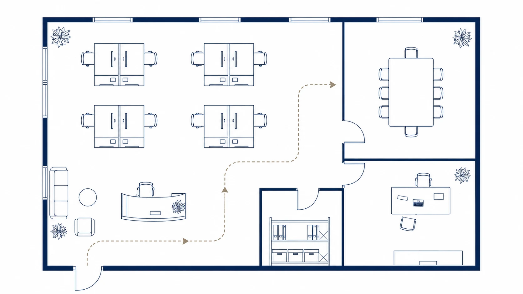 Office 2D floor plan example with reception and workstations