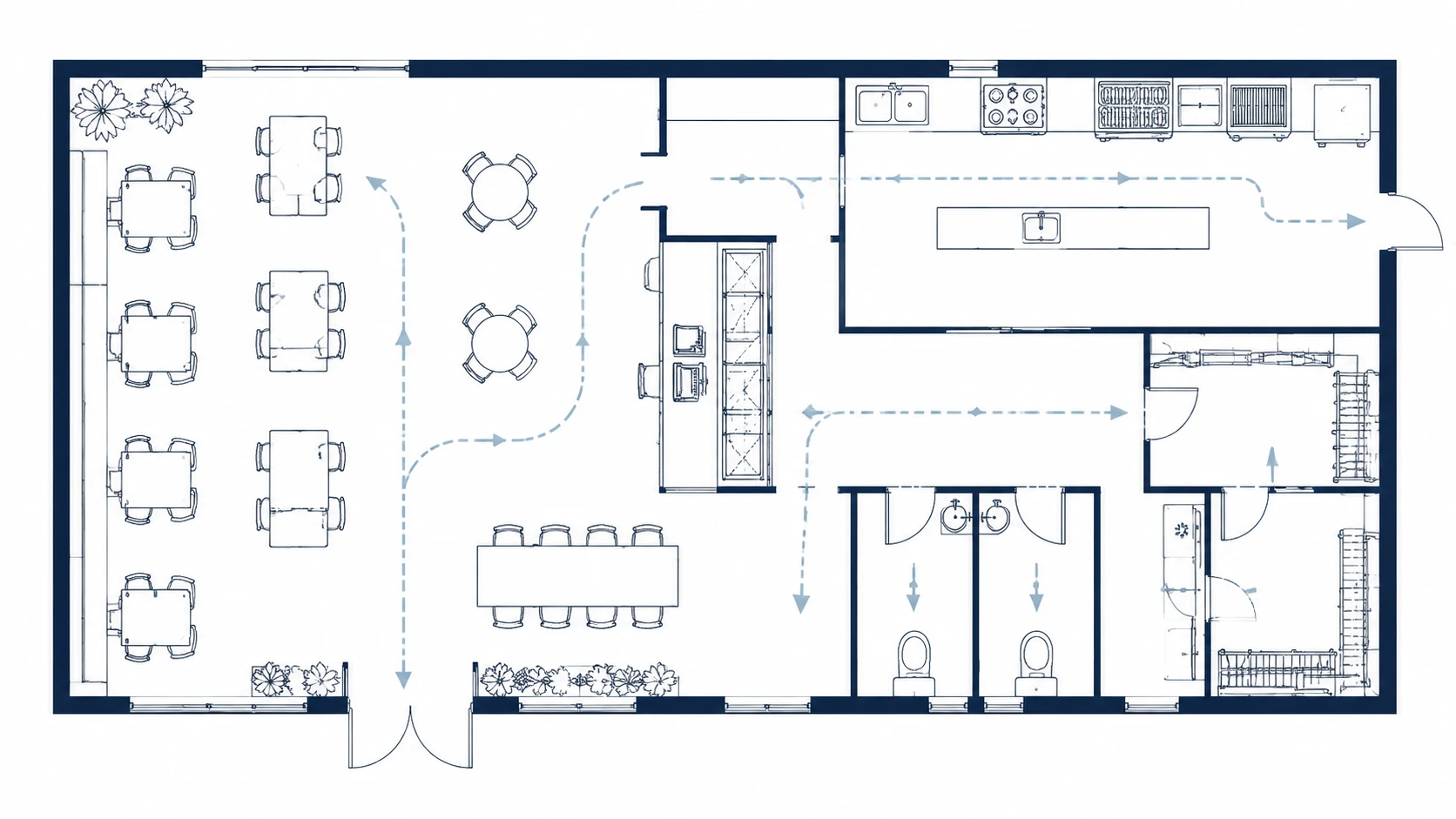 Restaurant 2D floor plan example with dining and kitchen zones